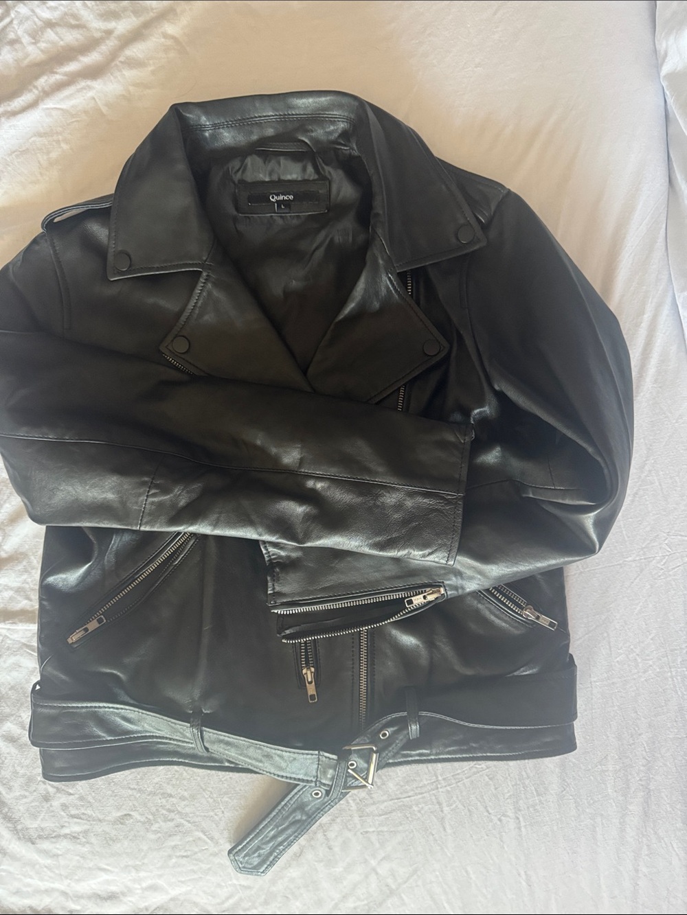 Quince Black Leather Moto Bomber Jacket